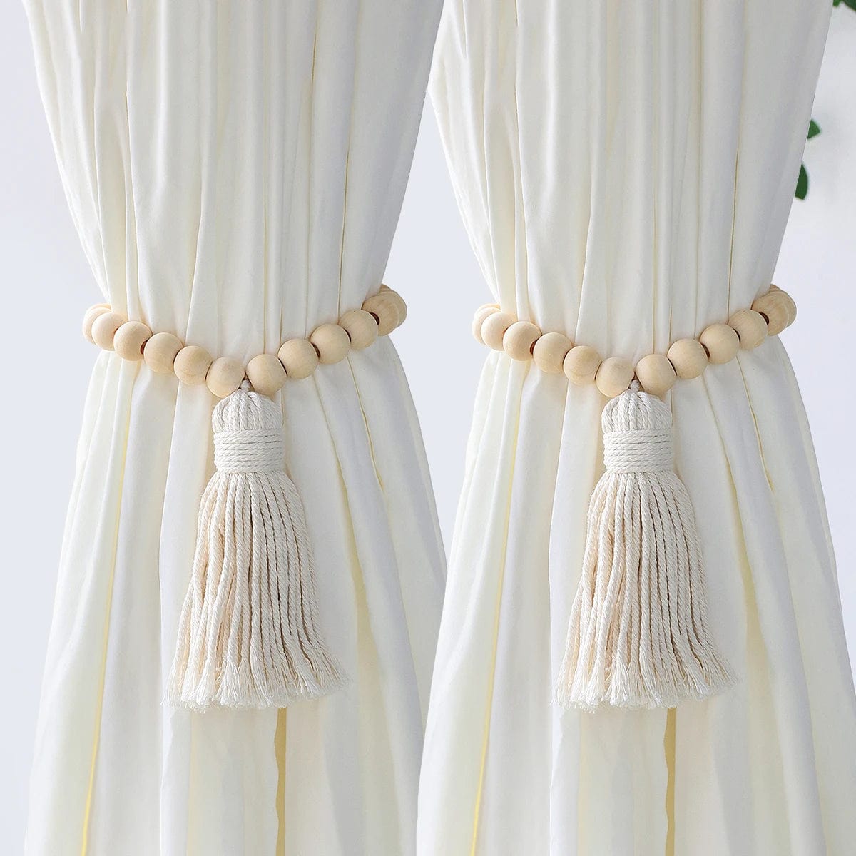 Lot De 4 Embrasses De Rideau Bohème Tressées à Pompons 53 Cm - Style Naturel Avec 6 Aimants - Beige
