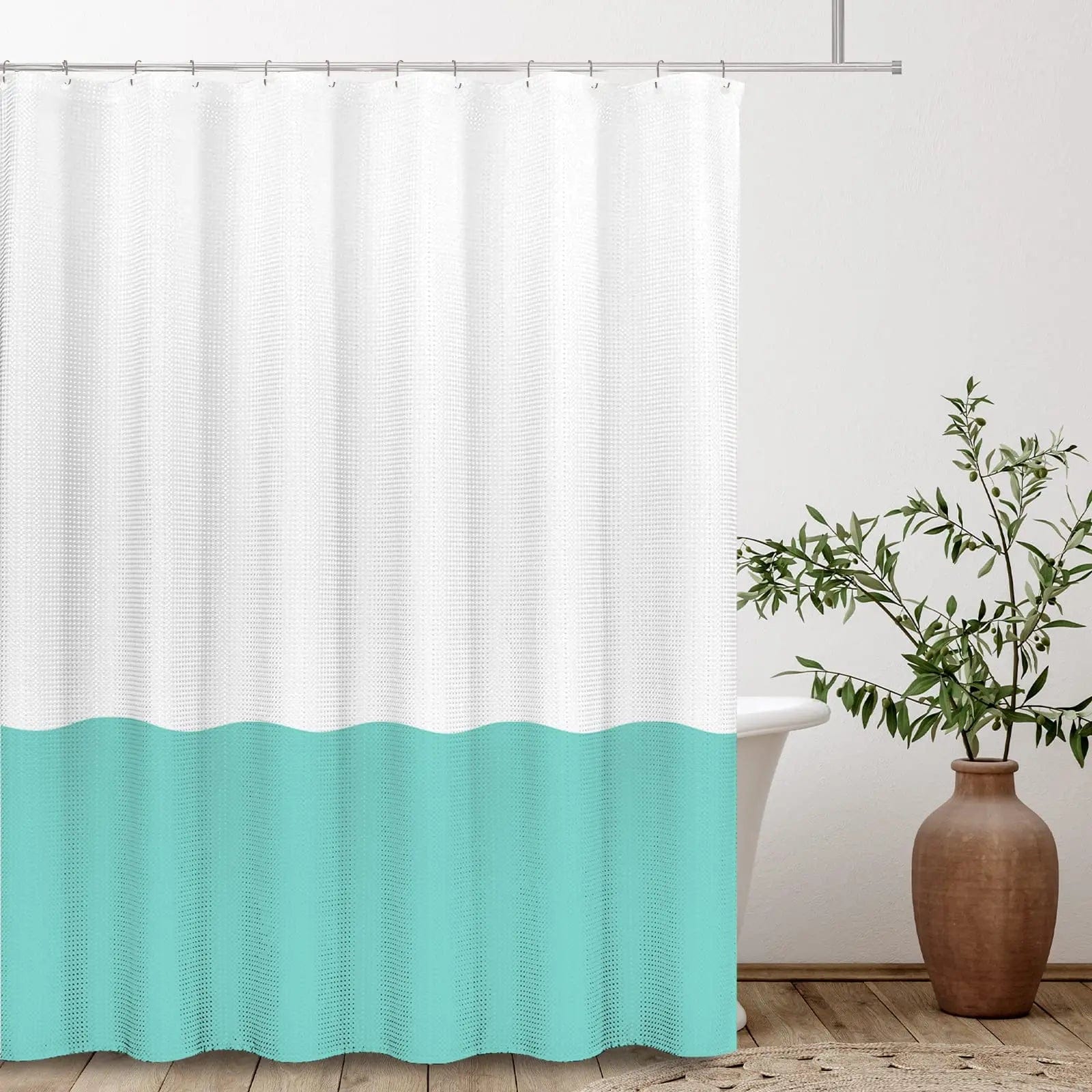 Rideau de douche biton blanc et cyan 90cm x 180cm L'atelier Rideau