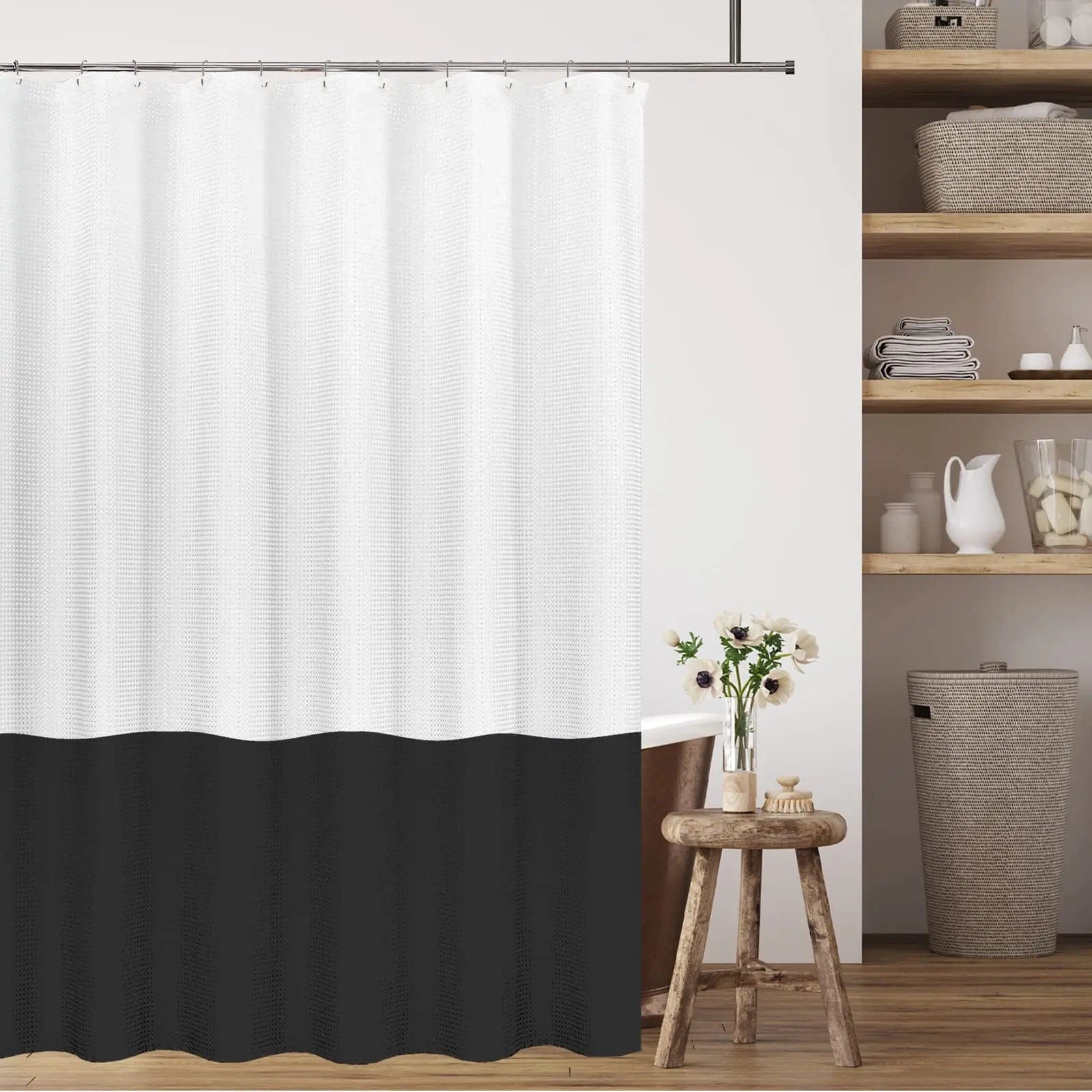 Rideau de douche biton blanc et noir 90cm x 180cm L'atelier Rideau