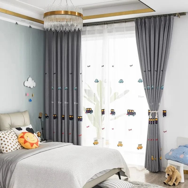 Rideau enfant gris à voitures brodés L'atelier Rideau