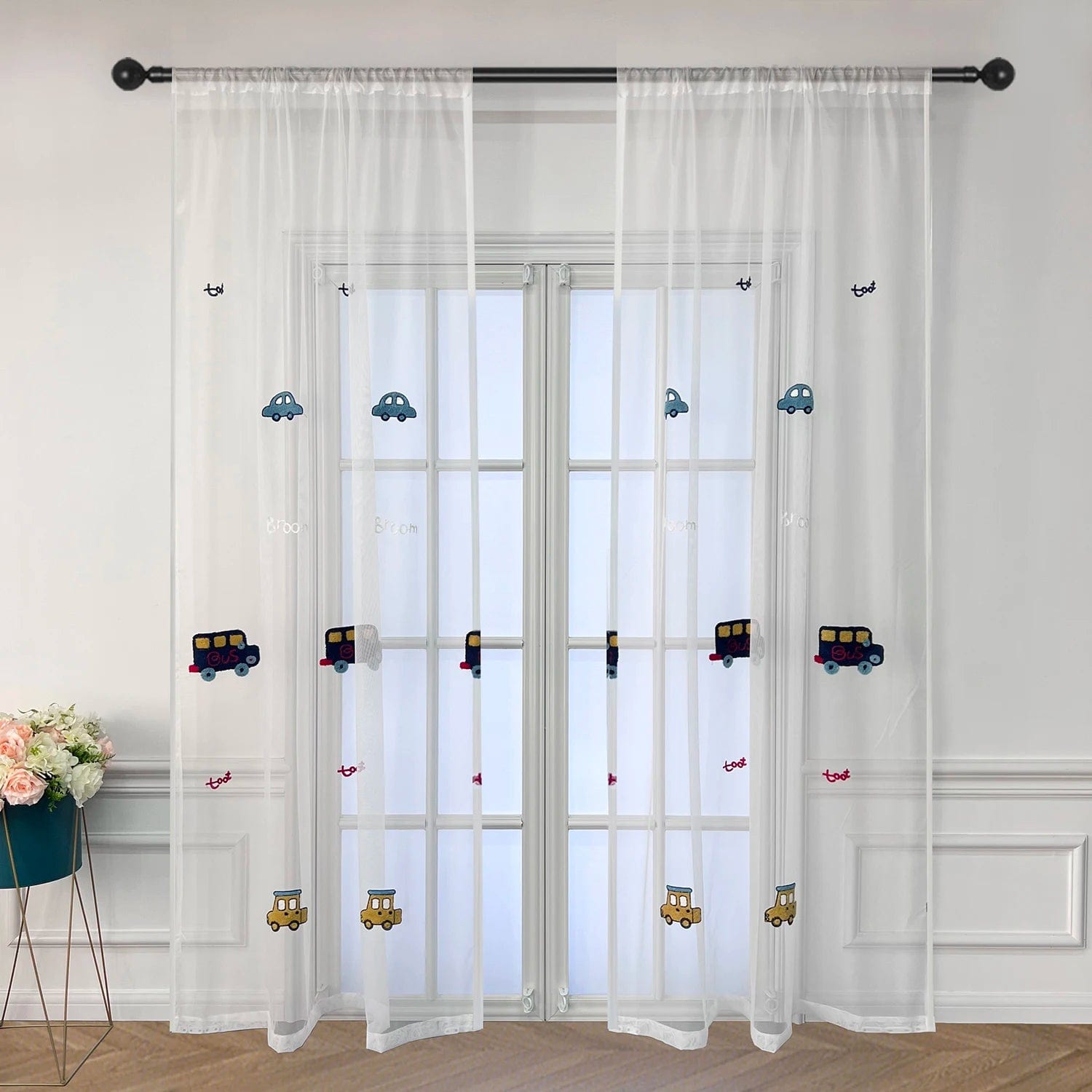 Rideau enfant gris à voitures brodés L'atelier Rideau