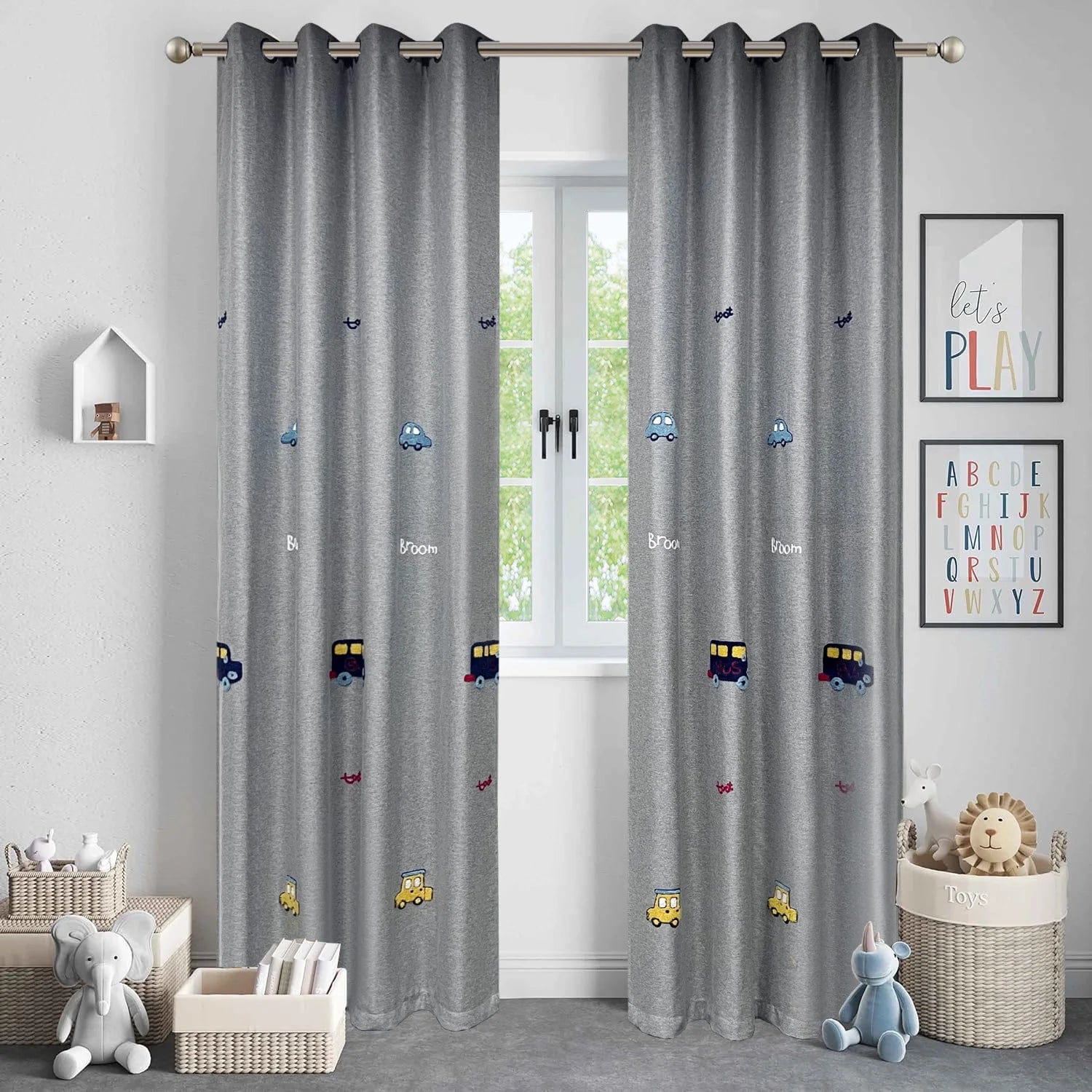 Rideau enfant gris à voitures brodés L'atelier Rideau