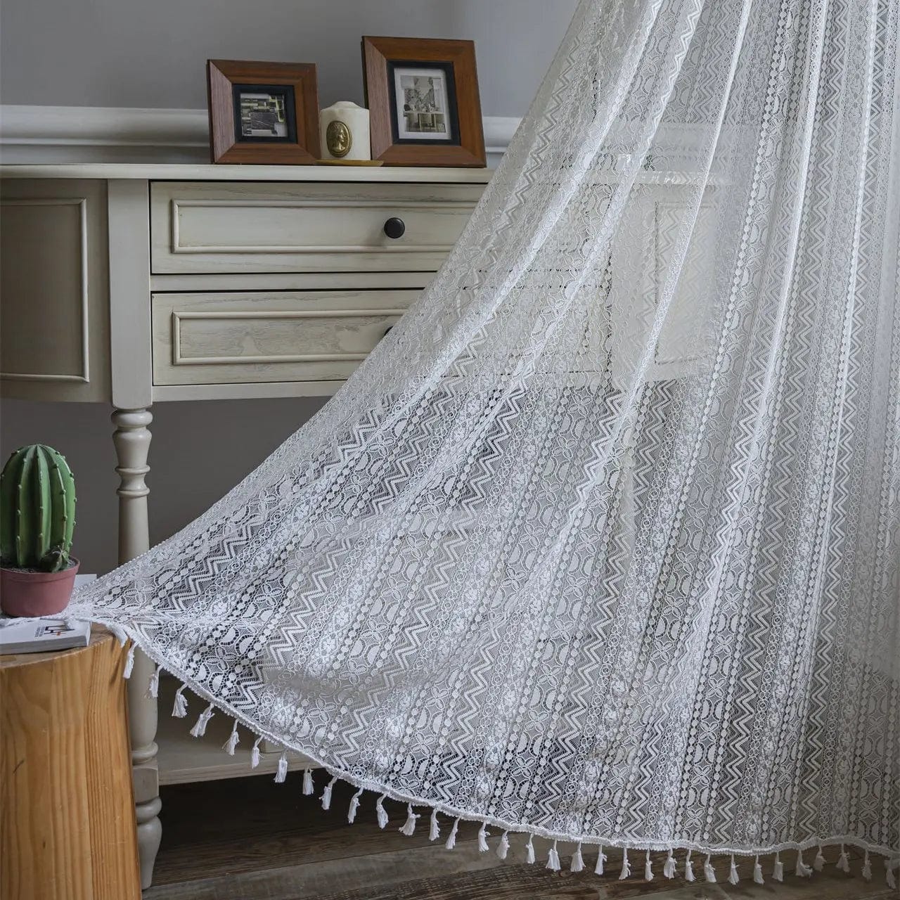Rideau macramé élégance naturelle Blanc / 150cm x 60cm / Passe-tringle L'atelier Rideau