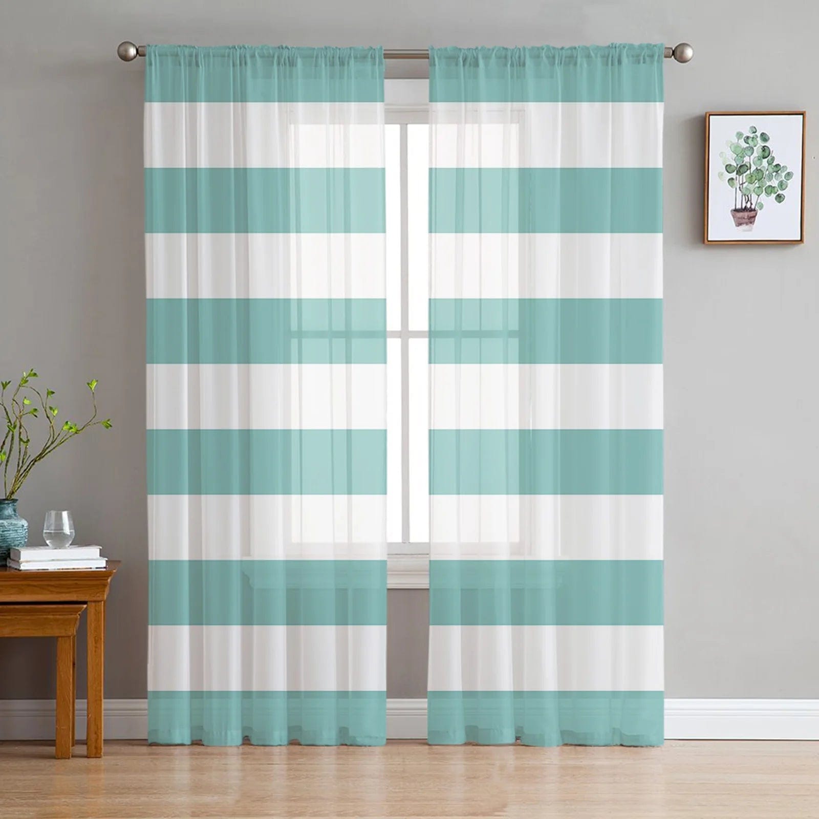 Rideau salon blanc à rayures cyan prestige 100cm x 250cm / Passe-tringle L'atelier Rideau