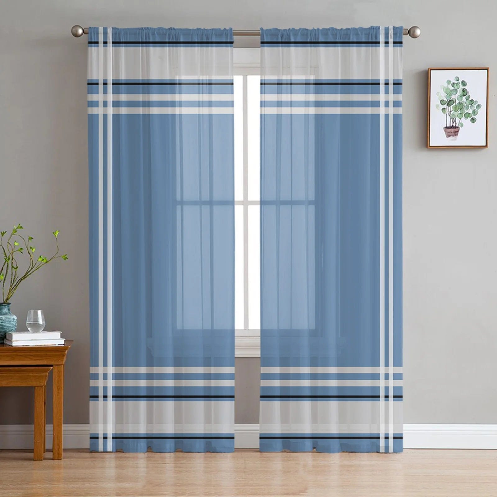 Rideau salon bleu et blanc prestige 100cm x 250cm / Passe-tringle L'atelier Rideau