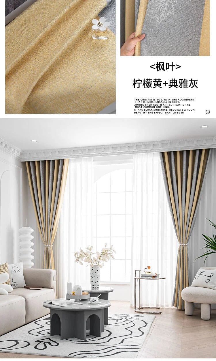 Rideau salon gris et jaune motifs feuilles L'atelier Rideau