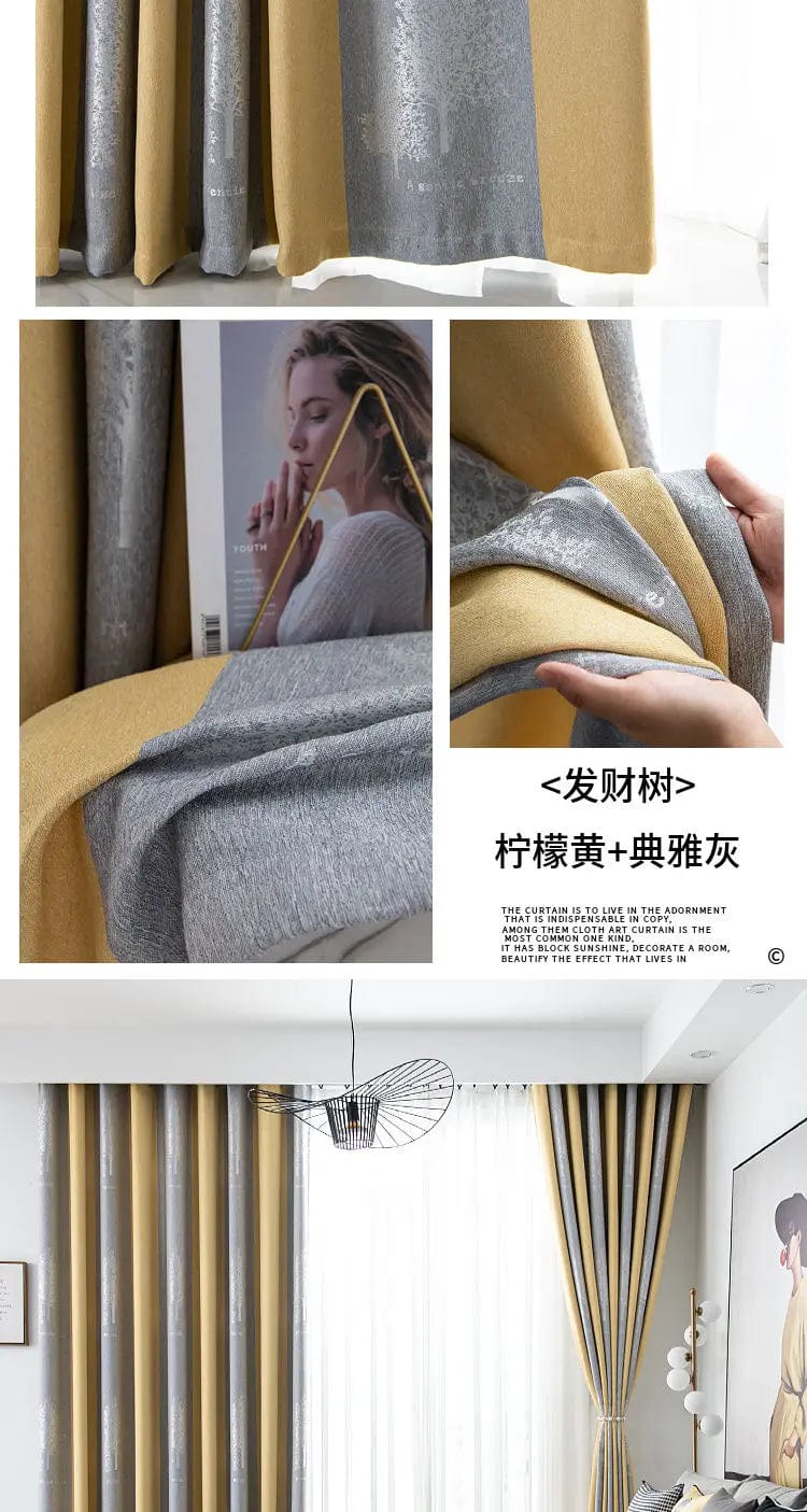 Rideau salon gris et jaune motifs feuilles L'atelier Rideau