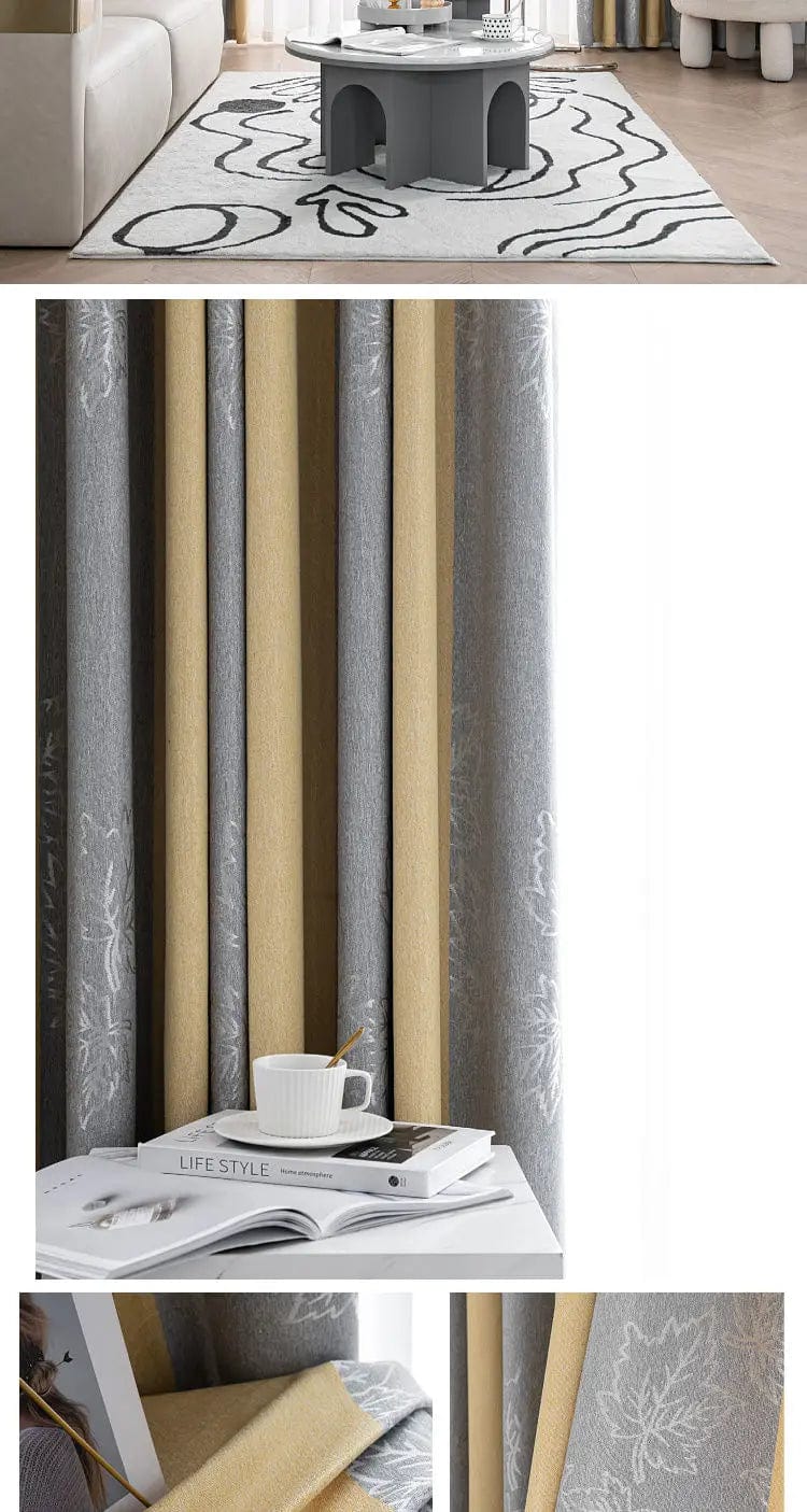 Rideau salon gris et jaune motifs sapins L'atelier Rideau