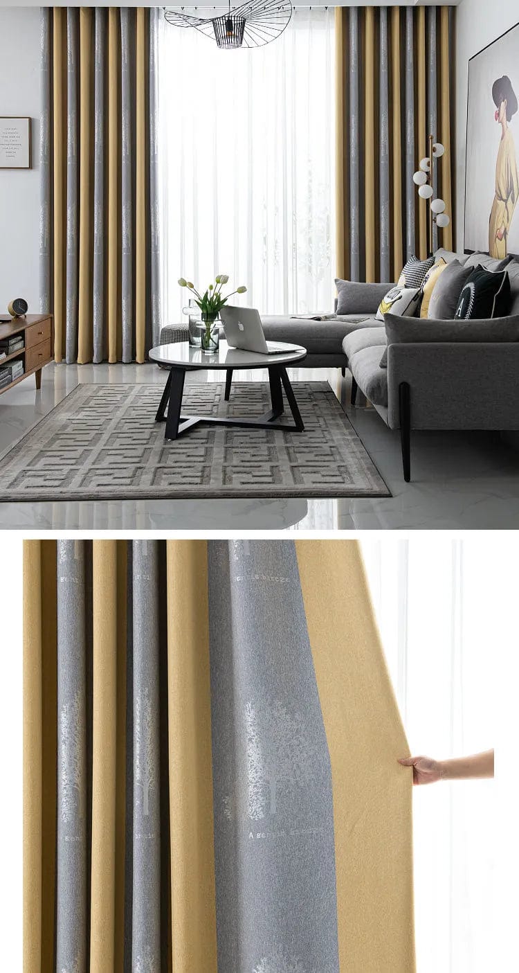 Rideau salon gris et jaune motifs sapins L'atelier Rideau