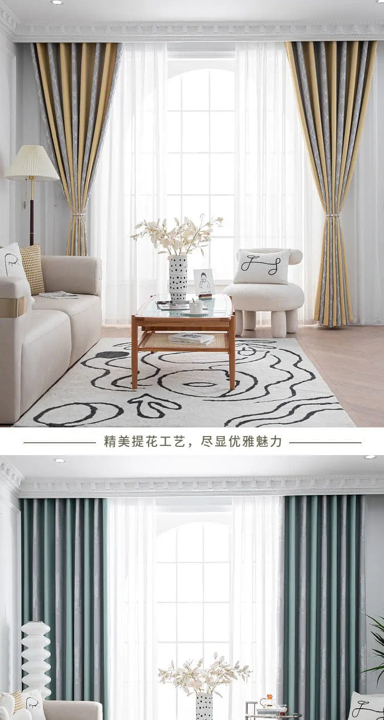 Rideau salon gris et jaune motifs sapins L'atelier Rideau