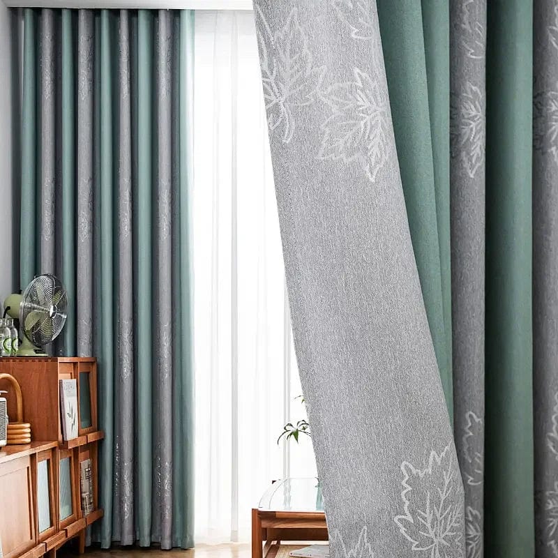 Rideau salon gris et vert canard motifs feuilles L'atelier Rideau