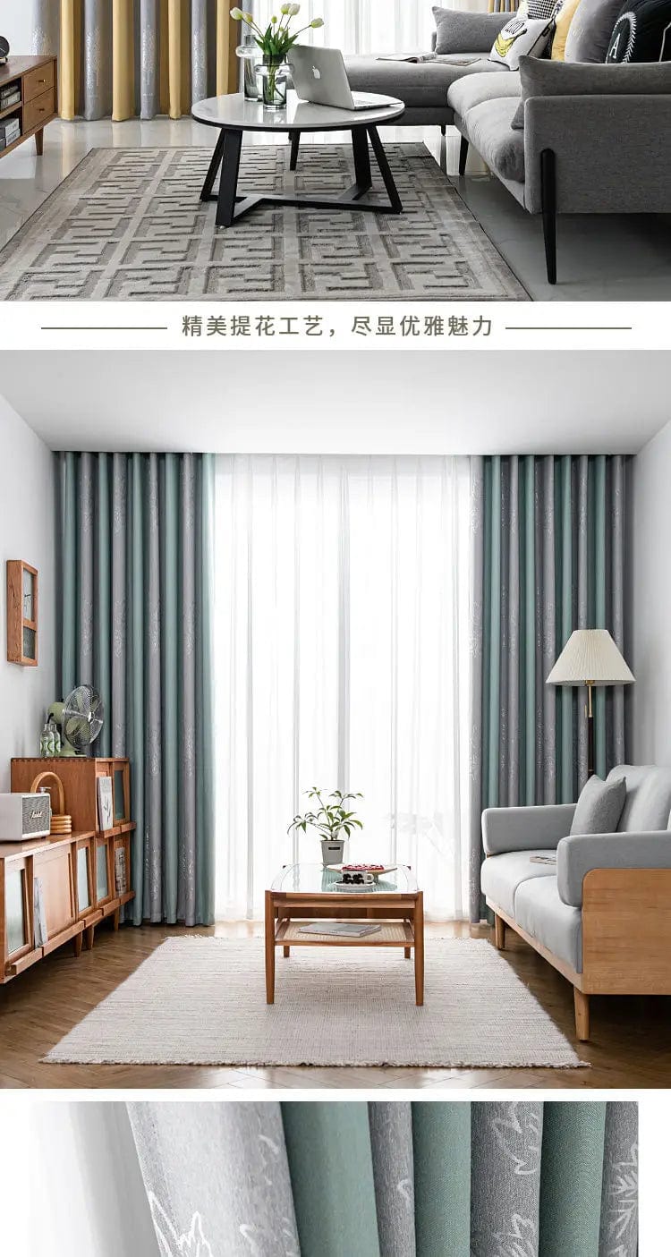 Rideau salon gris et vert canard motifs L'atelier Rideau