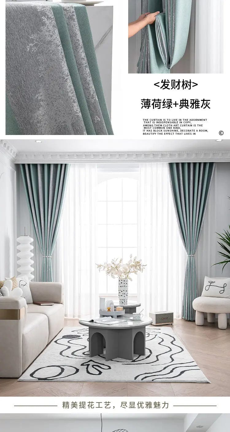 Rideau salon gris et vert canard motifs L'atelier Rideau