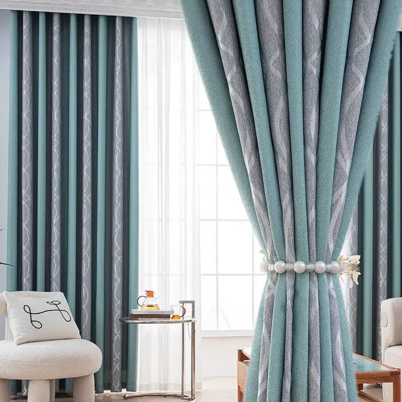 Rideau salon gris et vert canard motifs L'atelier Rideau