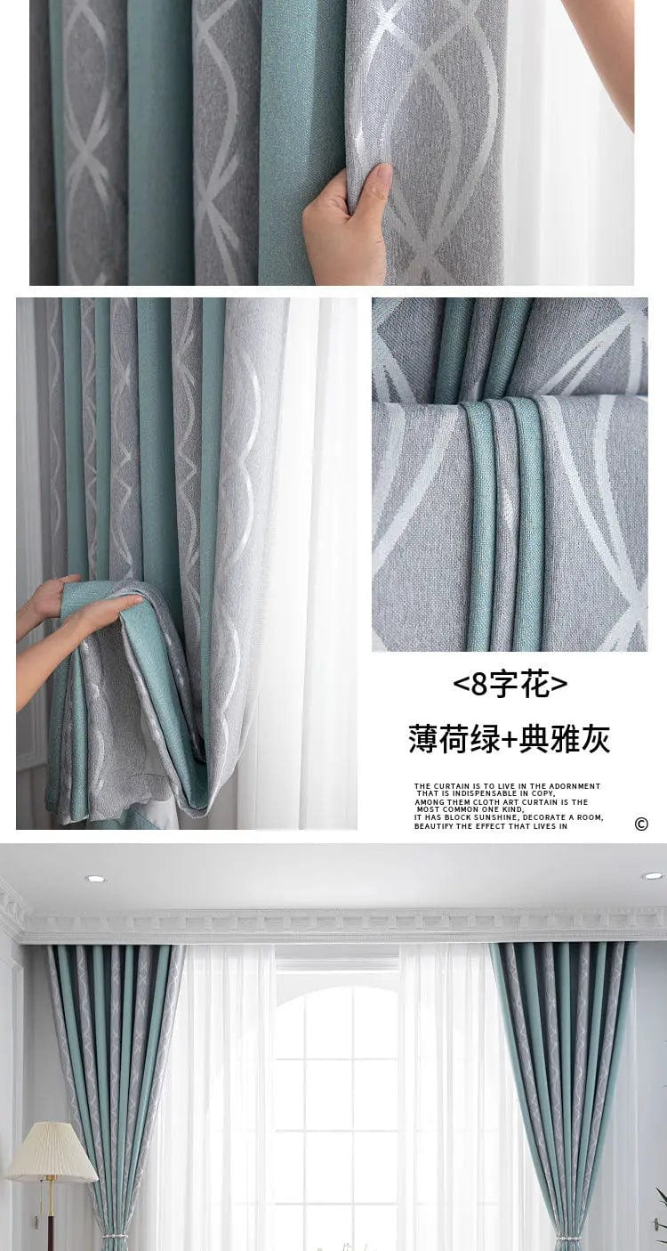 Rideau salon gris et vert canard motifs L'atelier Rideau