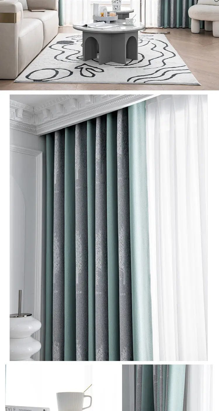 Rideau salon gris et vert canard motifs L'atelier Rideau