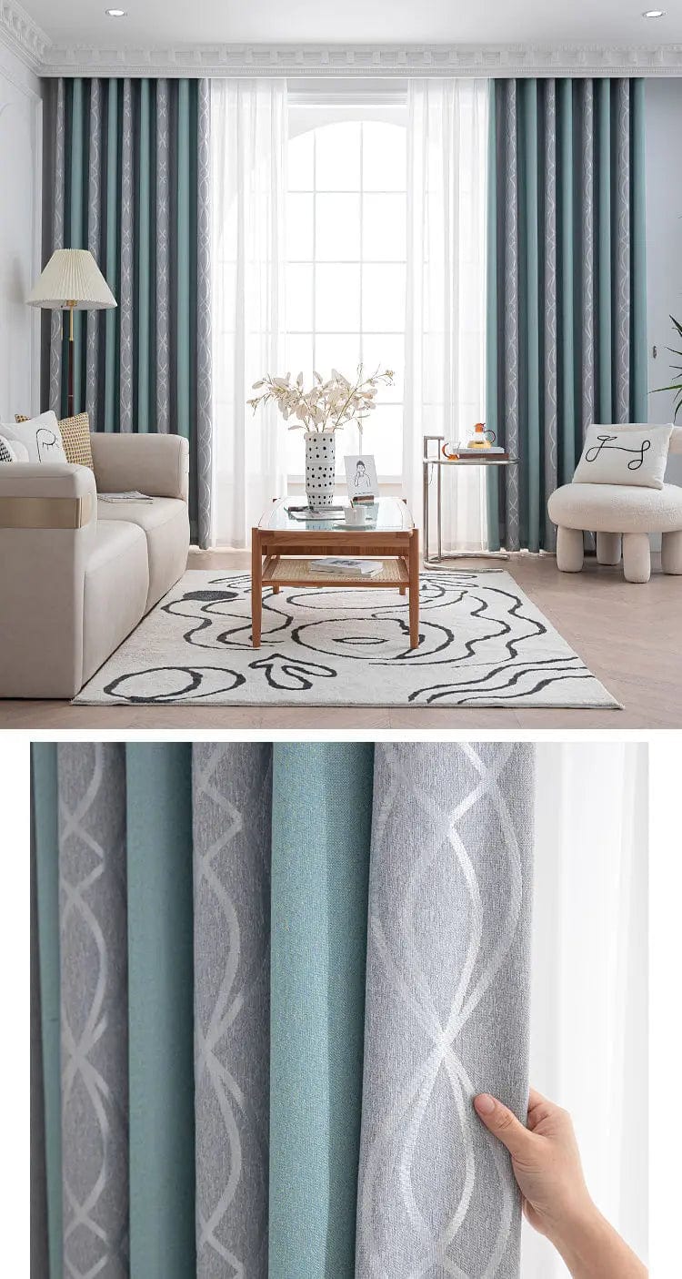 Rideau salon gris et vert canard motifs L'atelier Rideau