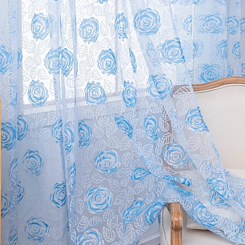 Voilage bleu à motifs roses L'atelier Rideau