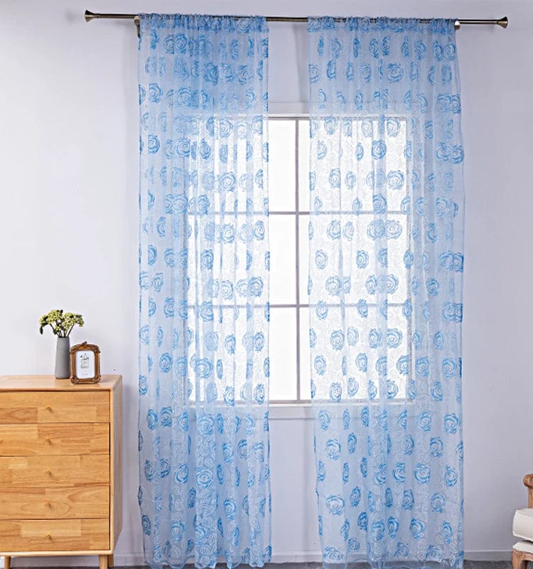 Voilage bleu à motifs roses L'atelier Rideau