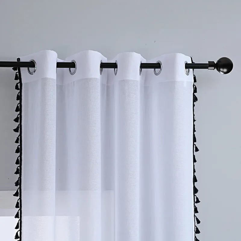 Voilage noir à pompons Blanc / 100cm x 120cm / Passe-tringle L'atelier Rideau