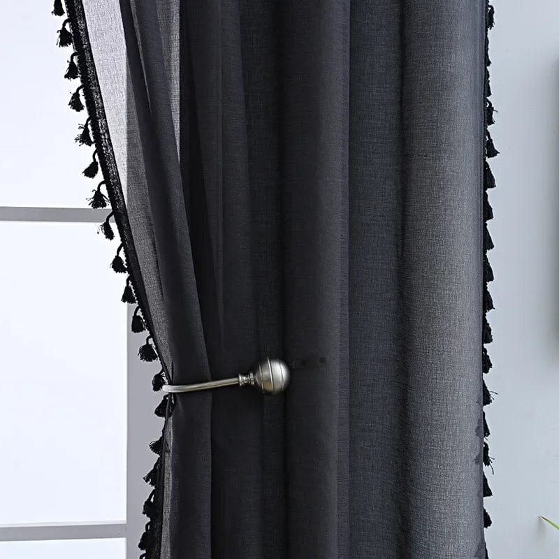 Voilage noir à pompons Noir / 100cm x 120cm / Passe-tringle L'atelier Rideau