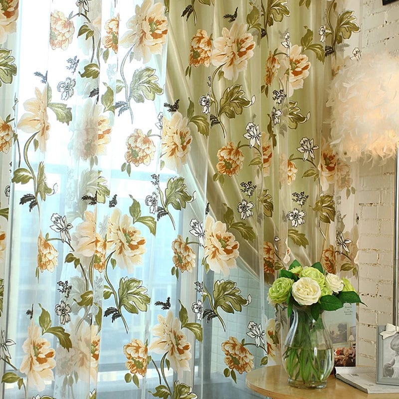 Voilage vert à motif fleures jaunes L'atelier Rideau