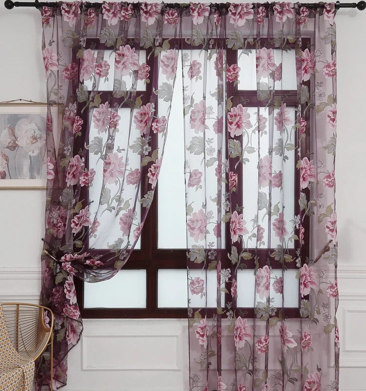 Voilage violet à motifs fleures roses L'atelier Rideau